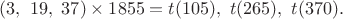 $(3,\ 19,\ 37) \times 1855=t(105),\ t(265),\ t(370).$