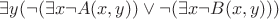 $ \exists y ( \neg(\exists x \neg A(x,y) ) \vee \neg (\exists x \neg B(x,y)))$