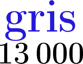 $\tikz[scale=2,transform shape, font=\fontsize{28}\selectfont,black]{
\node at (-.9,0) {\textbf{13}};
\node at (.65,0) {\textbf{000}};
\node at (0,1.1) [scale=1.2,transform shape, font=\fontsize{33}\selectfont,blue!80!brown!100][rotate=0] {\textbf{gris}}
;}$