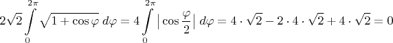 $$2\sqrt 2\displaystyle\int\limits_0^{2\pi}\sqrt{1+\cos\varphi}\;d\varphi=
4\displaystyle\int\limits_0^{2\pi}\big|\cos\frac{\varphi}{2}\big|\;d\varphi=4\cdot \sqrt 2-2\cdot 4\cdot \sqrt 2+ 4\cdot \sqrt 2=0$$