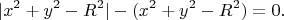$$\lvert x^2+y^2-R^2\rvert-(x^2+y^2-R^2)=0.$$