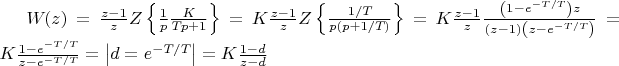 $W_{ПНЧ}(z)=\frac{z-1}{z} Z \left\{ \frac1{p} \frac{K}{T_{Н}p+1} \right\}=K \frac{z-1}{z} Z \left\{
\frac{1/T_{Н}}{p \left( p+1/T_{Н} \right)}\right\}=K \frac{z-1}{z} \frac{\left(1-e^{-T/T_{Н}}\right)z}
{\left( z-1\right) \left( z-e^{-T/T_{Н}}\right)}=K \frac{1-e^{-T/T_{Н}}}{z-e^{-T/T_{Н}}}=\left| 
d=e^{-T/T_{Н}}\right|=K \frac{1-d}{z-d}$