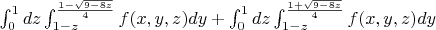 $ \int_{0}^{1} dz \int_{1-z}^{\frac{1-\sqrt{9-8z}}{4}}f(x,y,z) dy  +
 \int_{0}^{1} dz \int_{1-z}^{\frac{1+\sqrt{9-8z}}{4}}f(x,y,z) dy   $