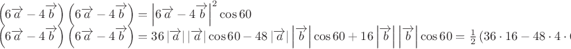 $\[
\begin{array}{l}
 \left( {6\overrightarrow a  - 4\overrightarrow b } \right)\left( {6\overrightarrow a  - 4\overrightarrow b } \right) = \left| {6\overrightarrow a  - 4\overrightarrow b } \right|^2 \cos 60 \\ 
 \left( {6\overrightarrow a  - 4\overrightarrow b } \right)\left( {6\overrightarrow a  - 4\overrightarrow b } \right) = 36\left| {\overrightarrow a } \right|\left| {\overrightarrow a } \right|\cos 60 - 48\left| {\overrightarrow a } \right|\left| {\overrightarrow b } \right|\cos 60 + 16\left| {\overrightarrow b } \right|\left| {\overrightarrow b } \right|\cos 60 = \frac{1}{2}\left( {36 \cdot 16 - 48 \cdot 4 \cdot 6 + 16 \cdot 36} \right) = 0 \\ 
 \end{array}
\]
$