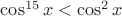 $\cos^{15}x<\cos^2x$