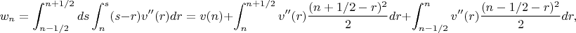 $$
w_n=\int_{n-1/2}^{n+1/2}ds\int_n^s(s-r)v''(r)dr=
v(n)+\int_n^{n+1/2}v''(r)\frac{(n+1/2-r)^2}2dr+\int_{n-1/2}^nv''(r)\frac{(n-1/2-r)^2}2dr,
$$