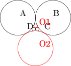 $\begin{picture}(120,100)(100,-100)
\put(-2,0){\circle{4}}\put(-10,0){D} 
\put(2,0){\circle{4}}\put(10,0){C} 
\put(-20,13){\circle{90}}\put(-18,15){A}
\put(20,13){\circle{90}}\put(20,15){B}
\color{red}
\put(0,4){\circle{4}}\put(4,5){O1}
\put(0,-22){\circle{90}}\put(4,-20){O2}
\end{picture}$