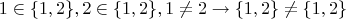 $$1\in\{1,2\}, 2\in\{1,2\}, 1\neq 2 \to \{1,2\}\neq\{1,2\}$$