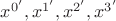 $x^{0'} ,x^{1'} ,x^{2'} ,x^{3'}$