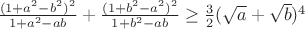 $\frac{(1+a^2-b^2)^2}{1+a^2-ab}+\frac{(1+b^2-a^2)^2}{1+b^2-ab} \ge \frac{3}{2}(\sqrt{a}+\sqrt{b})^4$