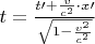 $t=\frac{t\prime+\frac{v}{c^2}\cdot x\prime}{\sqrt{1-\frac{v^2}{c^2}}}$