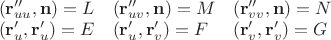 $\begin{array}{lll}(\mathbf r''_{uu},\mathbf n)=L&(\mathbf r''_{uv}, \mathbf n)=M&(\mathbf r''_{vv}, \mathbf n)=N\\(\mathbf r'_u,\mathbf r'_u)=E&(\mathbf r'_u,\mathbf r'_v)=F&(\mathbf r'_v,\mathbf r'_v)=G\end{array}$