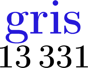 $\tikz[scale=2,transform shape, font=\fontsize{28}\selectfont,black]{
\node at (-.9,0) {\textbf{13}};
\node at (.65,0) {\textbf{331}};
\node at (0,1.1) [scale=1.2,transform shape, font=\fontsize{33}\selectfont,blue!80!brown!100][rotate=0] {\textbf{gris}}
;}$
