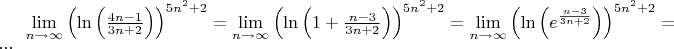 $\lim\limits_{n \to \infty} \left( \ln \left(\frac{4n-1}{3n+2} \right ) \right )^{5n^2+2} = \lim\limits_{n \to \infty} \left( \ln \left( 1 + \frac{n-3}{3n+2} \right ) \right )^{5n^2+2} = \lim\limits_{n \to \infty} \left( \ln \left( e^{\frac{n-3}{3n+2}} \right ) \right )^{5n^2+2} = ...$