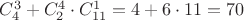 $C_4^3+C_2^4\cdot C_{11}^1=4+6\cdot 11=70$
