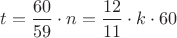 $t=\dfrac{60}{59}\cdot n=\dfrac {12}{11}\cdot k\cdot 60$