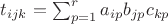$t_{ijk} = \sum_{p = 1}^r a_{ip} b_{jp} c_{kp}$