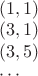$\\(1,1)\\
(3,1)\\
(3,5)\\
\cdots
$
