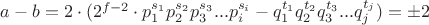 $a-b=2\cdot(2^{f-2}\cdot p_1^{s_1}p_2^{s_2}p_3^{s_3}...p_i^{s_i}-q_1^{t_1}q_2^{t_2}q_3^{t_3}...q_j^{t_j})=\pm2$