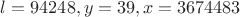 $l=94248, y=39, x=3674483$