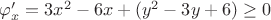 $\varphi'_x=3x^2-6x+(y^2-3y+6)\ge0$