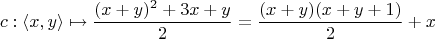 $$
c : \langle x,y \rangle \mapsto \frac{(x+y)^2 + 3x + y}{2} = \frac{(x+y)(x+y+1)}{2} + x
$$