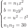 $\begin{cases}
a=n_1x^2\\
b=n_2y^2\\
c=u^2-t^2\\
n_1n_2=30\\
\end{cases}$