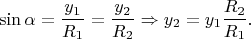 $$ \sin \alpha = \frac{y_1}{R_1} = \frac{y_2}{R_2} \Rightarrow y_2 = y_1 \frac{R_2}{R_1}. $$