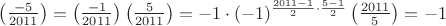 $\left( \frac{-5}{2011} \right) = \left( \frac{-1}{2011} \right) \left( \frac{5}{2011} \right) = -1 \cdot (-1)^{\frac{2011-1}{2} \cdot \frac{5-1}{2}} \left( \frac{2011}{5} \right) = -1$