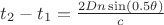 $t_2-t_1 = \tfrac{2D n\sin(0.5 \theta)}{c}$