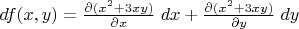 $df(x, y) = \frac{\partial (x^2 + 3xy)}{\partial x}\;dx+\frac{\partial (x^2 + 3xy)}{\partial y}\;dy$
