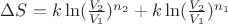 $\Delta S=k\ln(\frac{V_2}{V_1})^{n_2}+k\ln(\frac{V_2}{V_1})^{n_1}$
