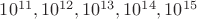 $10^{11}, 10^{12}, 10^{13}, 10^{14}, 10^{15}$