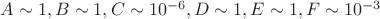 $A\sim1,  B\sim1,  C\sim10^{-6},  D\sim1,  E\sim1,  F\sim10^{-3}$