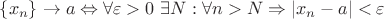 $\{x_n\}\to a \Leftrightarrow \forall \varepsilon>0 \ \exists N : \forall n>N \Rightarrow\left|x_{n}-a\right|<\varepsilon$