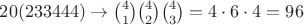 $20(233444) \to \binom{4}{1}\binom{4}{2}\binom{4}{3}=4\cdot6\cdot4=96$
