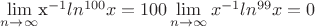 $\lim\limits_{n \to \infty} $x^{-1}ln^{100}x} =100 \lim\limits_{n \to \infty} x^{-1}ln^{99}x} = 0$