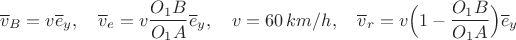 $$\overline v_B=v \overline e_y,\quad \overline v_e=v\frac{O_1B}{O_1A}\overline e_y,\quad v=60\, km/h,\quad \overline v_r=v\Big(1-\frac{O_1B}{O_1A}\Big)\overline e_y$$