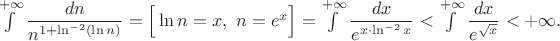 $\int\limits^{+\infty}\dfrac{dn}{n^{1+\ln^{-2}(\ln n)}}=\Big[\ln n=x,\ n=e^x\Big]=\int\limits^{+\infty}\dfrac{dx}{e^{x\cdot\ln^{-2}x}}<\int\limits^{+\infty}\dfrac{dx}{e^{\sqrt x}}<+\infty.$