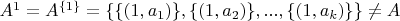 $A^1=A^{\{1\}}=\{\{(1,a_1)\}, \{(1, a_2)\}, ..., \{(1, a_k)\}\}\neq A$