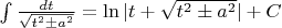 $ \int \frac{dt}{\sqrt{t^2 \pm a^2}}=\ln |t+\sqrt{t^2 \pm a^2}|+C$