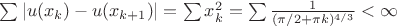 $\sum |u(x_k)-u(x_{k+1})|=\sum x^2_k=\sum \frac{1}{(\pi/2+\pi k)^{4/3}} < \infty$