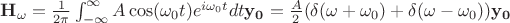 $\mathbf{H_\omega}={1 \over 2 \pi} \int_{-\infty}^{\infty} A \cos(\omega_0 t) e^{i \omega_0 t} dt \mathbf{y_0}={A \over 2} (\delta(\omega+\omega_0)+\delta(\omega-\omega_0))\mathbf{y_0}$