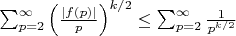 $\sum_{p=2}^{\infty} \left(\frac {|f(p)|}{p}\right)^{k/2} \leq \sum_{p=2}^{\infty} \frac{1}{p^{k/2}}$