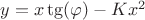 $y=x\tg(\varphi) - K x^2$ $y=x\tg(\varphi) - K x^2$
