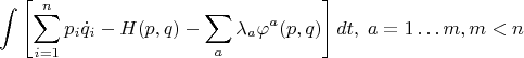 $$
\int\left[\sum_{i=1}^n p_i\dot{q}_i-H(p,q)-\sum_a\lambda_a\varphi^a(p,q)\right]dt,\;a=1\dots m,m<n
$$