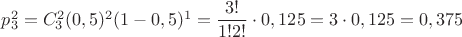 $p_3^2=C_3^2(0,5)^2(1-0,5)^1=\dfrac{3!}{1!2!}\cdot 0,125 = 3\cdot 0,125 = 0,375$