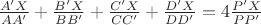 $\frac{A'X}{AA'}+\frac{B'X}{BB'}+\frac{C'X}{CC'}+\frac{D'X}{DD'}=4 \frac{P'X}{PP'}$ $\frac{A'X}{AA'}+\frac{B'X}{BB'}+\frac{C'X}{CC'}+\frac{D'X}{DD'}=4 \frac{P'X}{PP'}$