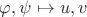 $\varphi,\psi\mapsto u,v$