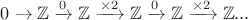 $0\to\mathbb Z\xrightarrow{0}\mathbb Z\xrightarrow{\times 2}\mathbb Z\xrightarrow{0}\mathbb Z\xrightarrow{\times 2}\mathbb Z...$